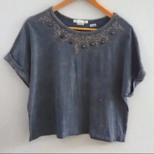 CAUTION TO THE  WIND | Grey Jeweled Acid Wash Oversized Cropped T-Shirt